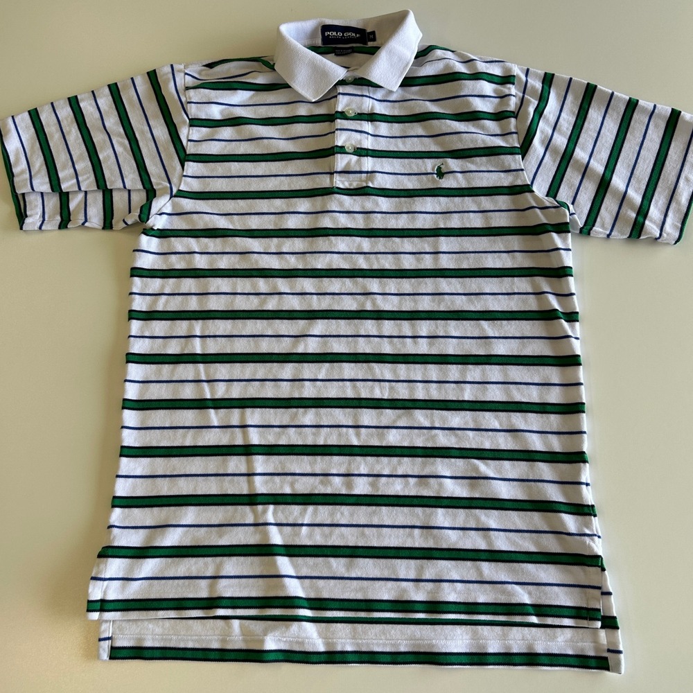 Vintage Polo Golf Ralph Lauren Striped Cotton Polo Shirt White Green Blue (M)